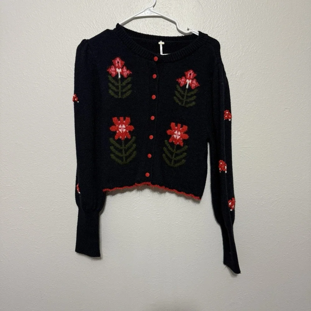 Free People Nonna Knit Cardi Floral Cardigan Sweater‎ Black Small Granny Cottage